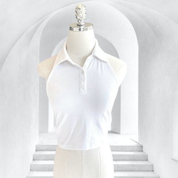 12th Tribe Tops - NWT 12th Tribe White Ribbed Cropped Collared Tank Top Size S